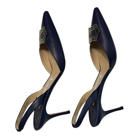 Manolo Blahnik Pointed Toe Slingback Halter Pump Leather Buckle Kitten Heel 39 - Picture 6 of 6